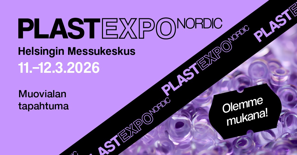 PlastExpo Nordic 2026 -messujen markkinointikuva, jossa violetilla taustalla tapahtuman nimi, Helsingin Messukeskus ja ajankohta 11.–12.3.2026 sekä musta merkki tekstillä ”Olemme mukana!”